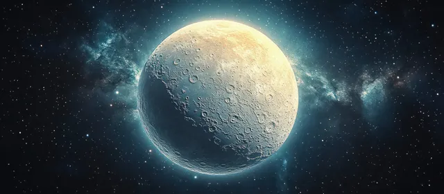 A glowing full moon with crater details floats in a dark starry space scene surrounded by blue nebula light.