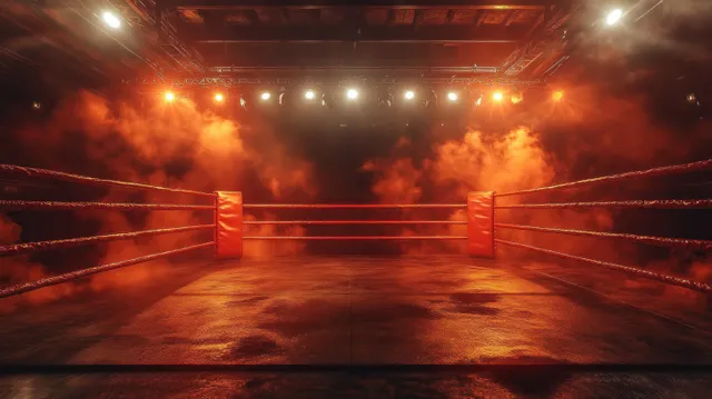 Empty boxing ring illuminated by orange spotlights with smoke and fog surrounding the ropes.