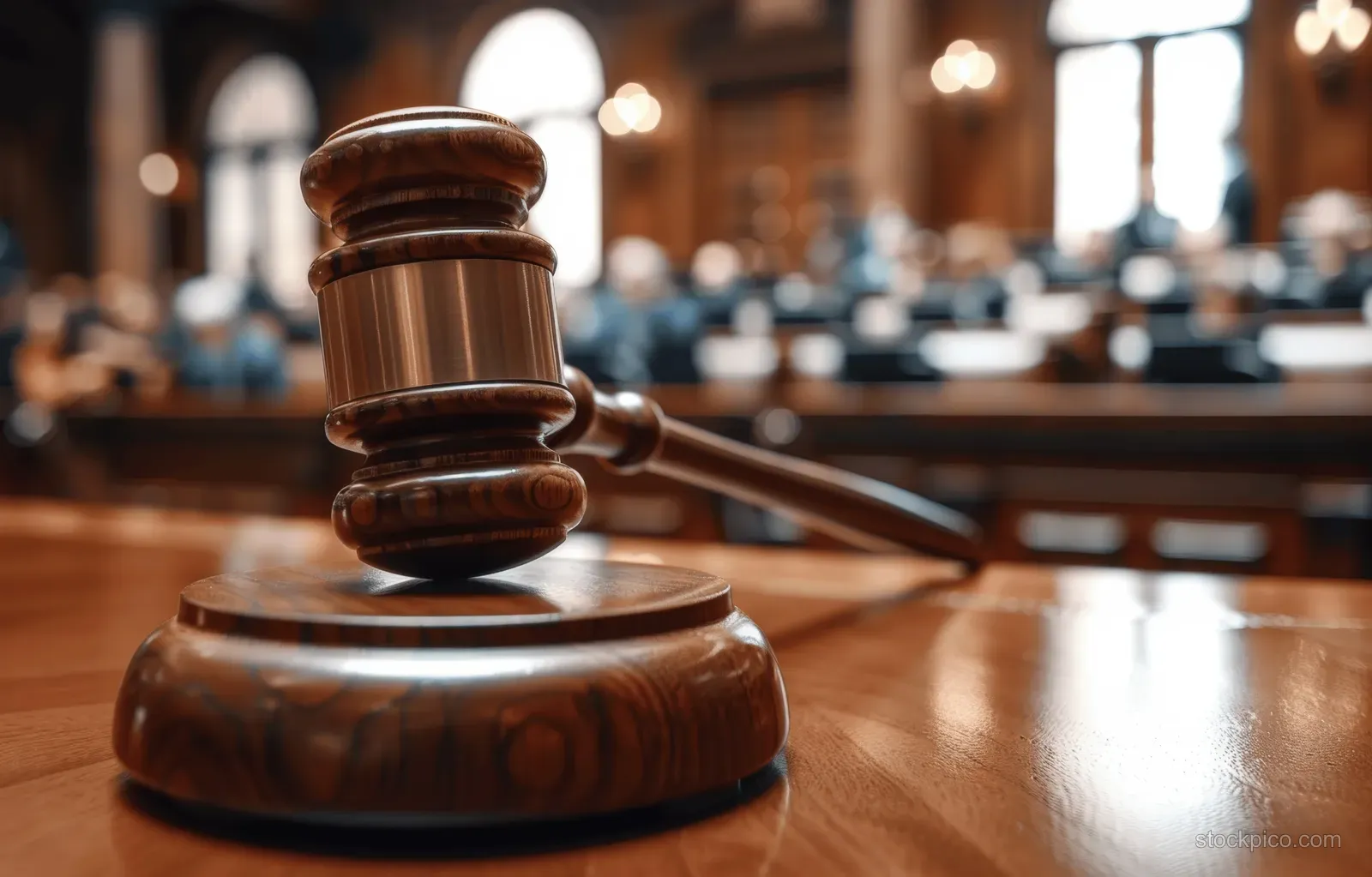 A wooden gavel sits on a courtroom table with blurred people and seating in the background.