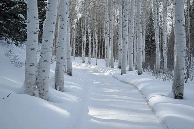 Snowy trail curves through tall birch trees with long shadows on fresh white snow.