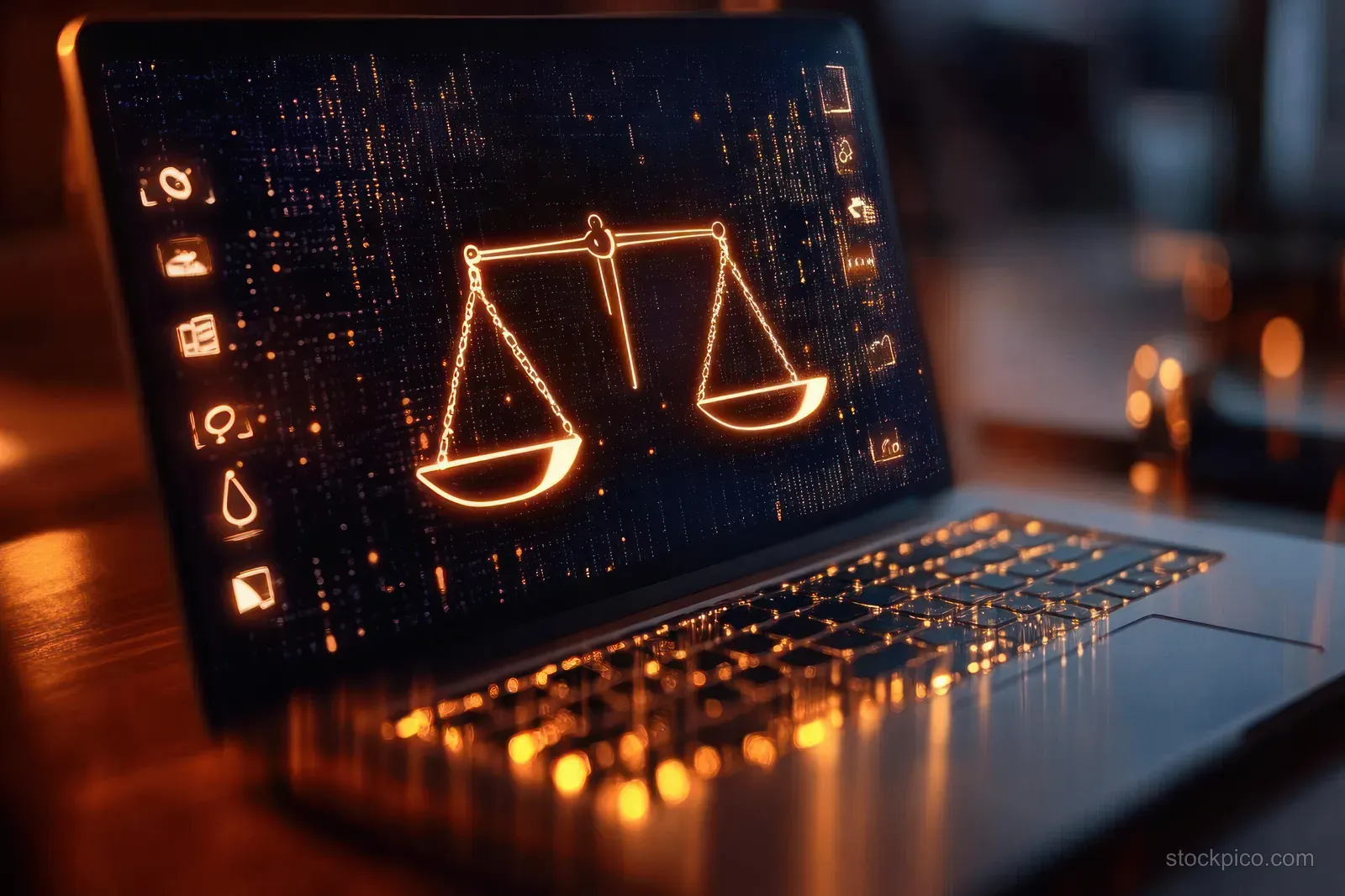 A laptop screen shows glowing scales of justice and contract icon outlines over a dark data grid.