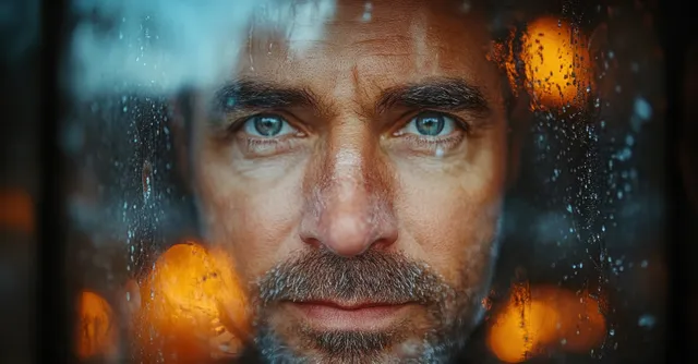 Man holds a transparent frame while looking forward in soft natural light, with blurred warning-like shapes behind him.