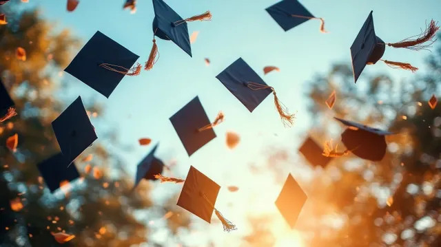 Black graduation caps thrown into the air during sunset celebration with blurred trees