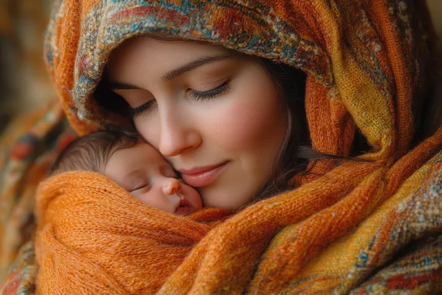 Mother holding a sleeping newborn wrapped in a sari-like shawl during an outdoor rural healthcare camp.