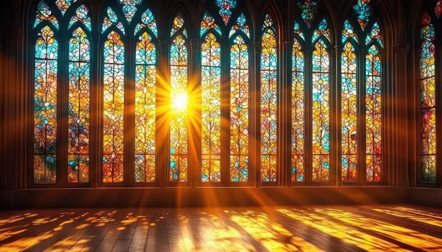 Morning sunlight shines through a Gothic stained-glass window with colorful floral patterns onto a cathedral floor.