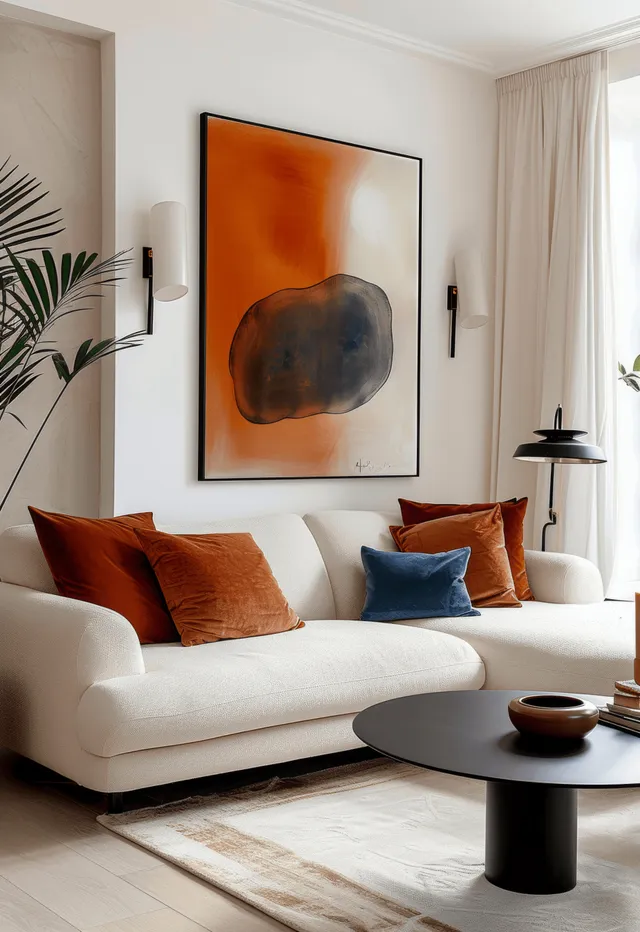 Sunlit minimal living room with beige sofa, terracotta abstract wall art, and a black coffee table.