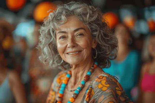 Smiling elderly woman with curly gray hair dances in a fitness studio with colorful blurred lights behind.