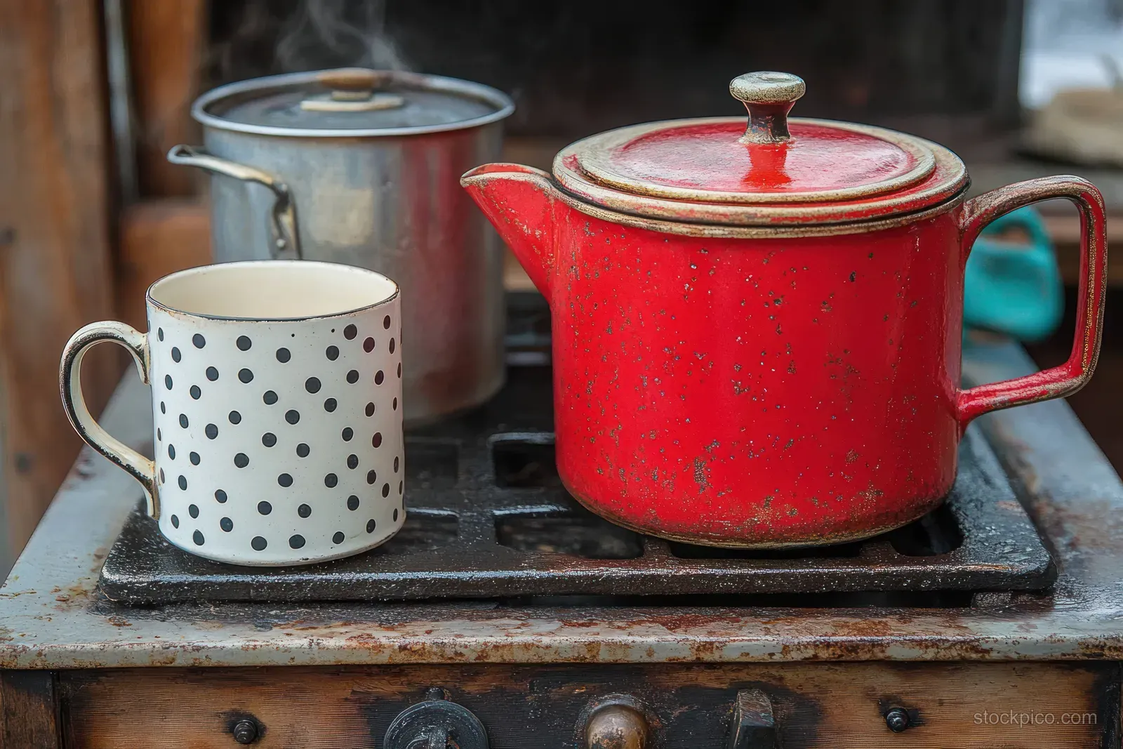 Steam rises from a red metal teapot on a rustic stove next to a white polka dot mug and metal pot.