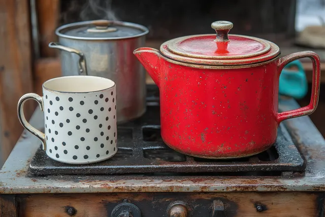Steam rises from a red metal teapot on a rustic stove next to a white polka dot mug and metal pot.