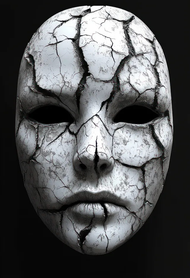 Expressionless cracked white face mask with hollow eye sockets and deep fissures against a dark background.