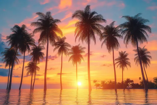 Palm tree silhouettes on calm ocean at sunset with glowing sun and tiny island