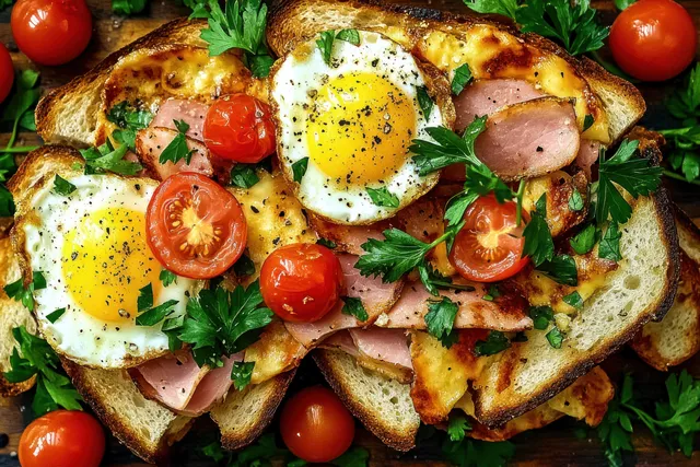 Toasted bread slices with melted cheese, sunny-side-up eggs, ham, cherry tomatoes, and parsley on rustic wood.