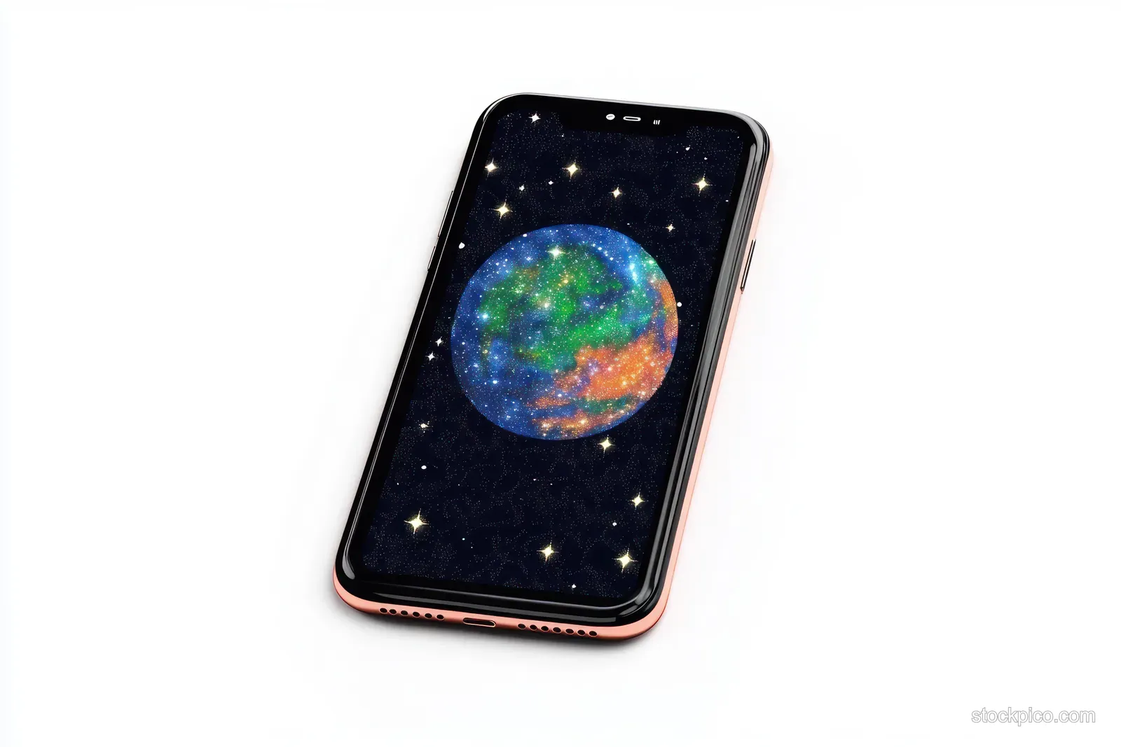 A smartphone screen shows a colorful sparkling planet surrounded by stars on a dark space background.