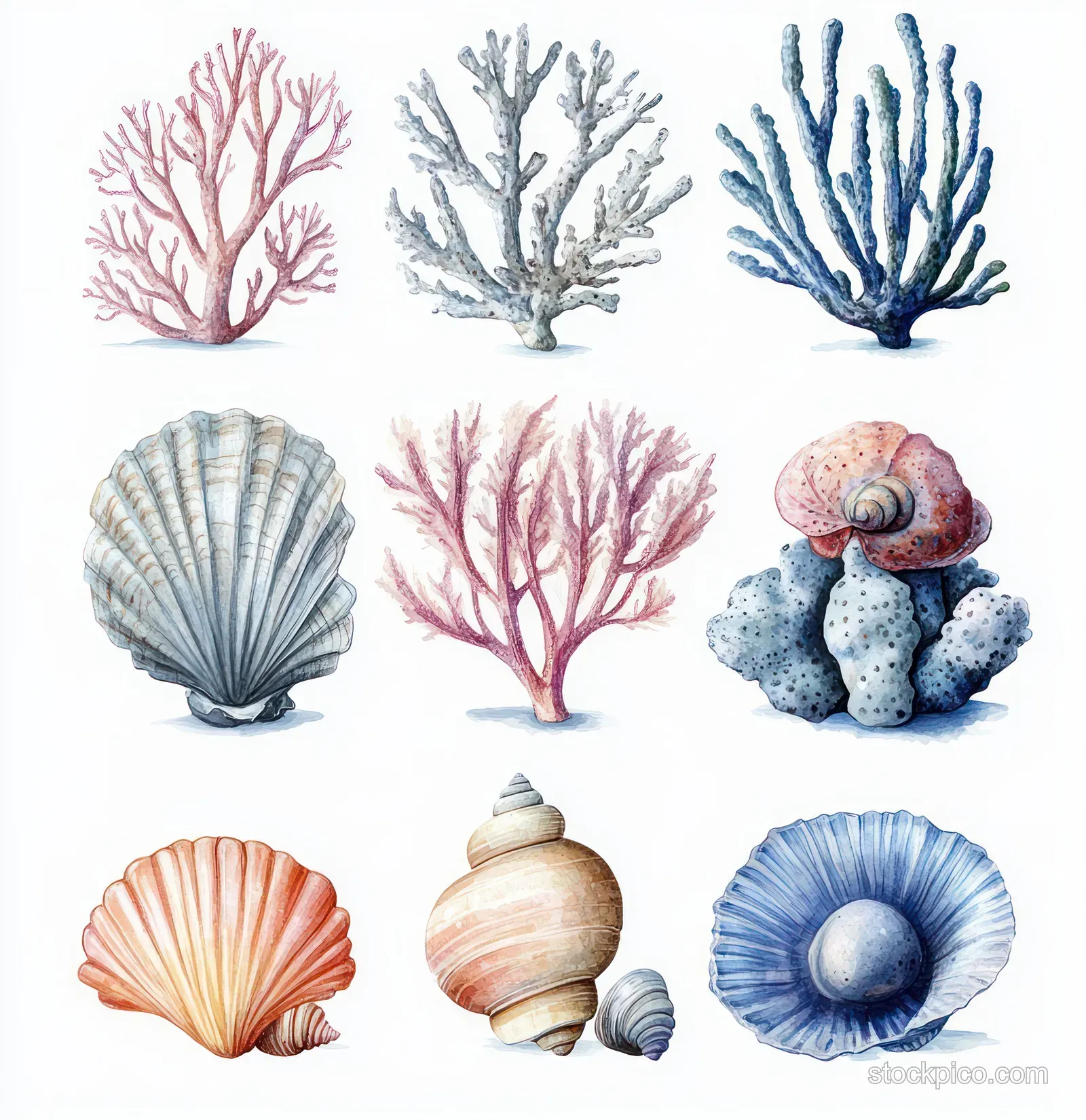 Pastel watercolor sea shells and coral pieces laid out on a white background.