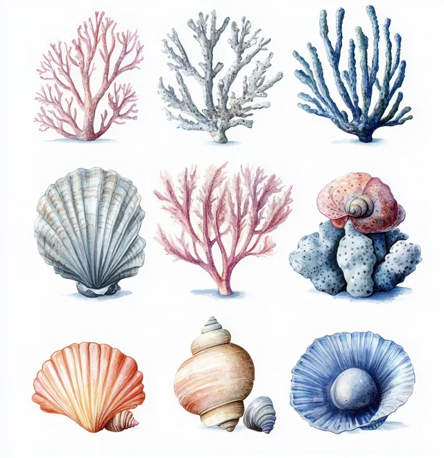 Pastel watercolor sea shells and coral pieces laid out on a white background.