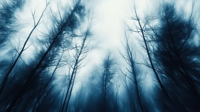 Leafless tree trunks rise into a misty blue forest with pale sky light filtering through fog.