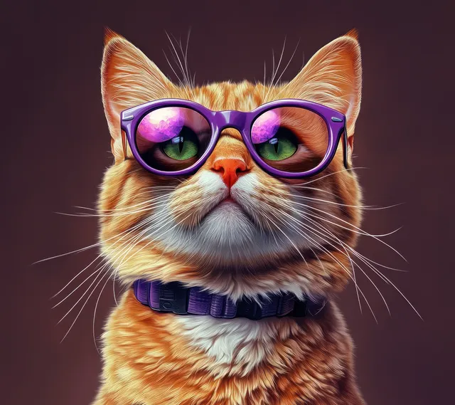 Close-up of a ginger cat wearing purple sunglasses with green eyes against a smooth gradient background.