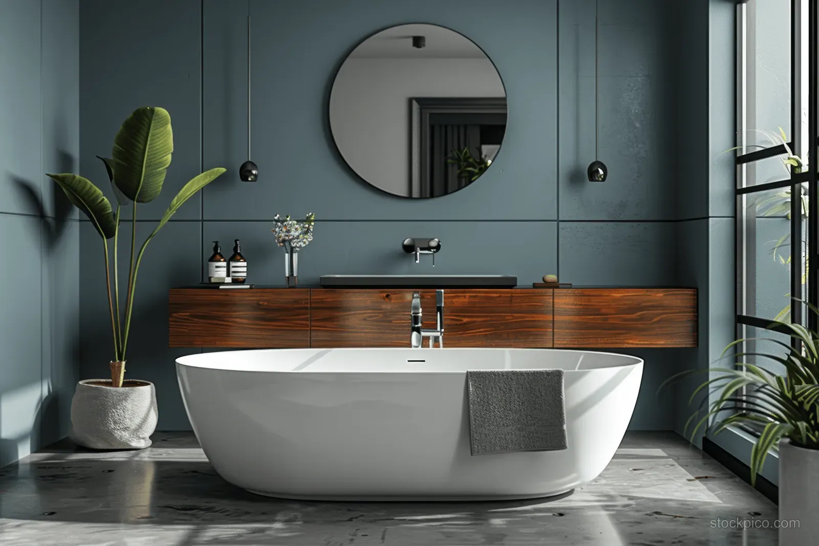 Freestanding bathtub in a modern bathroom with dark teal walls, a floating wooden vanity, and a round mirror.