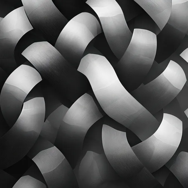Formas geométricas negras y blancas, similares a cintas entrelazadas, forman un fondo de patrón abstracto retorcido.