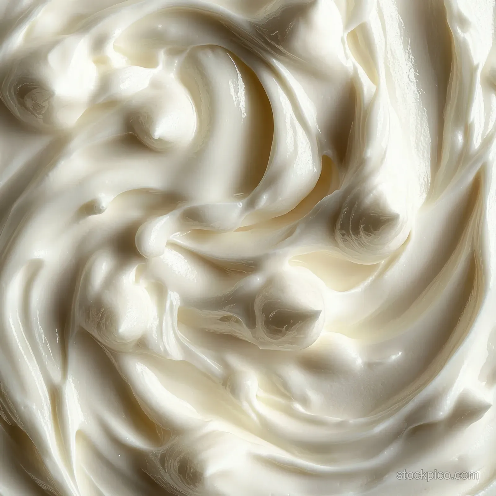 Thick white yogurt swirled into glossy ribbons with a smooth creamy texture in close-up.