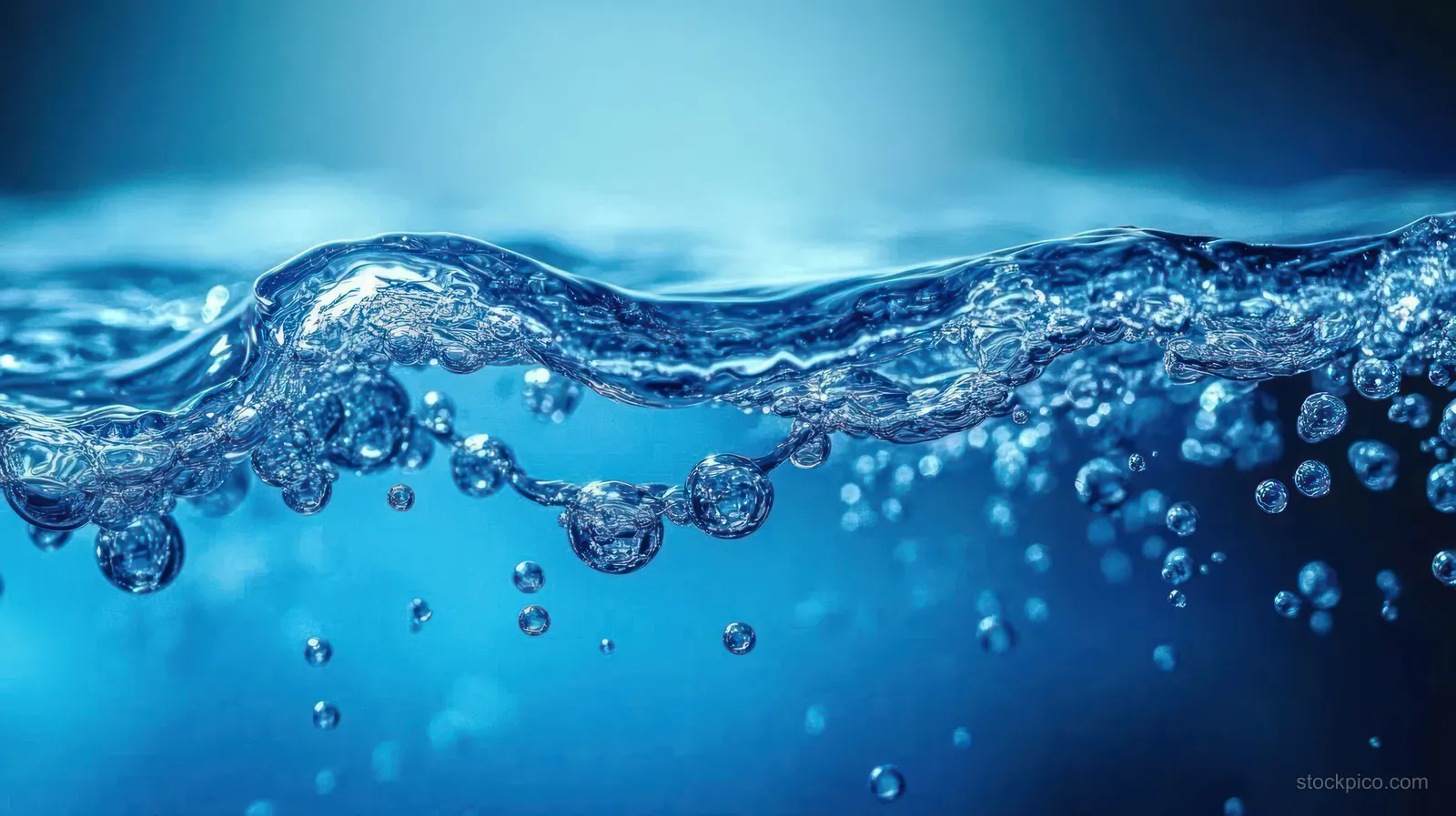 Macro view of sparkling water with bubbles rising and droplets on a vibrant blue background.