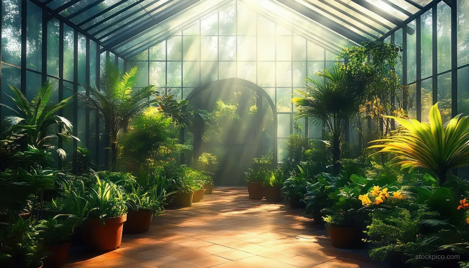 Sunlit greenhouse walkway with potted tropical plants and palms inside a glass conservatory.