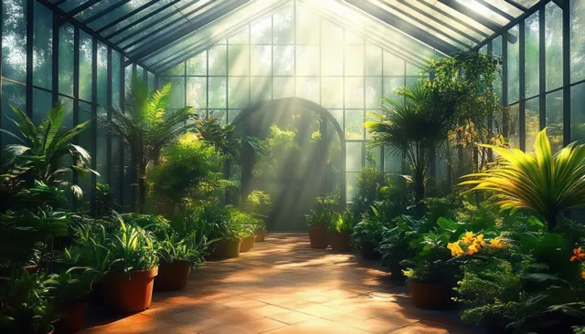 Sunlit greenhouse walkway with potted tropical plants and palms inside a glass conservatory.