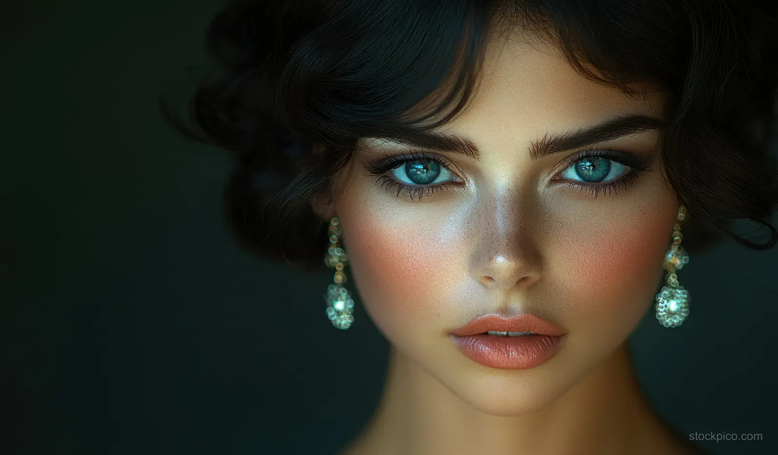 Woman in a dark studio setting wearing silver pearl earrings and turquoise eye makeup while facing the camera.