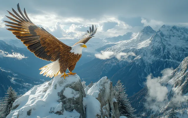 A griffin with spread wings perches on snowy mountain rocks, crying into the wind with clouds rolling behind.