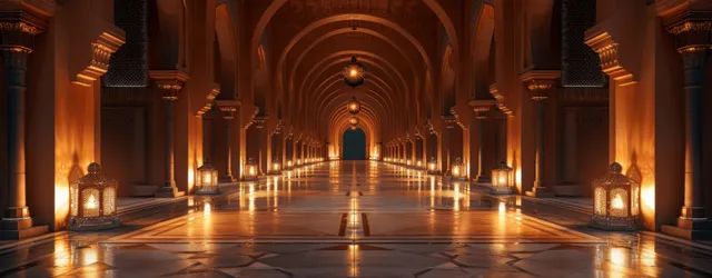 Lanterns light a long arched Arabian corridor with a reflective floor at night.