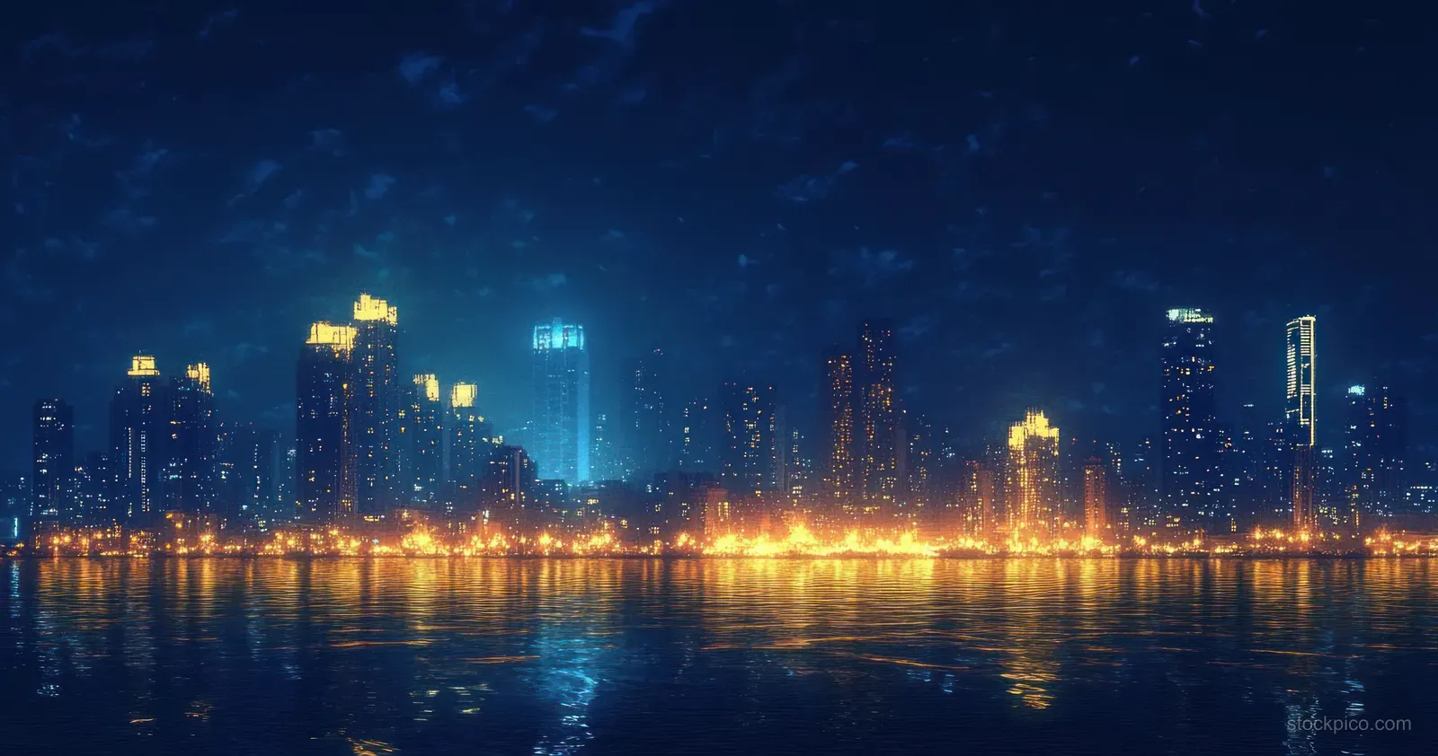 Nighttime skyline of illuminated buildings reflected on calm water under a dark blue cloudy sky.
