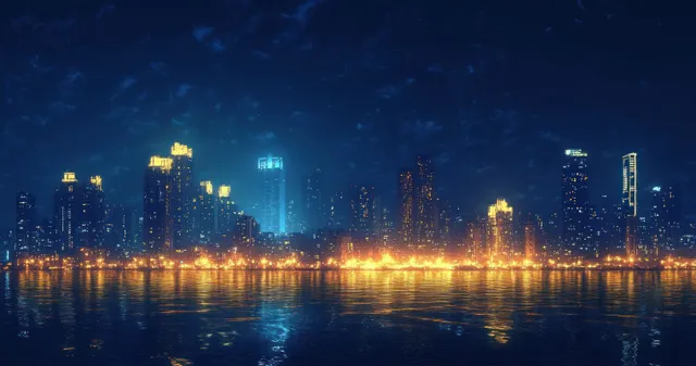 Nighttime skyline of illuminated buildings reflected on calm water under a dark blue cloudy sky.