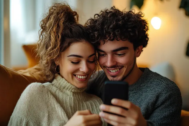 Young couple smiling at smartphone on a cozy couch indoors