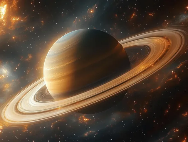 A glowing gas giant planet with bright swirling rings floats in deep space filled with stars and stardust.