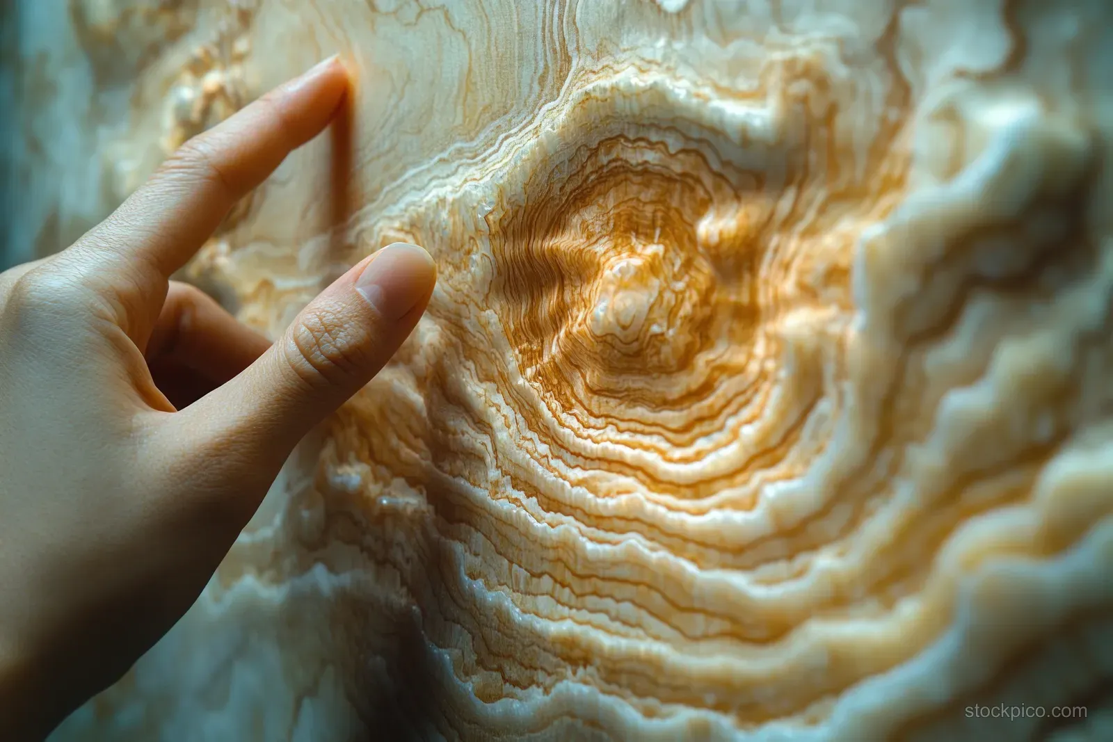 A hand points at a coconut shell mosaic wall showing layered swirls and natural brown texture.