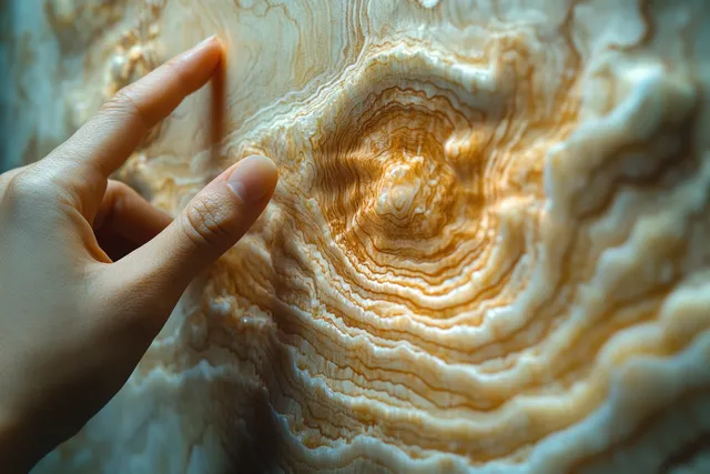 A hand points at a coconut shell mosaic wall showing layered swirls and natural brown texture.