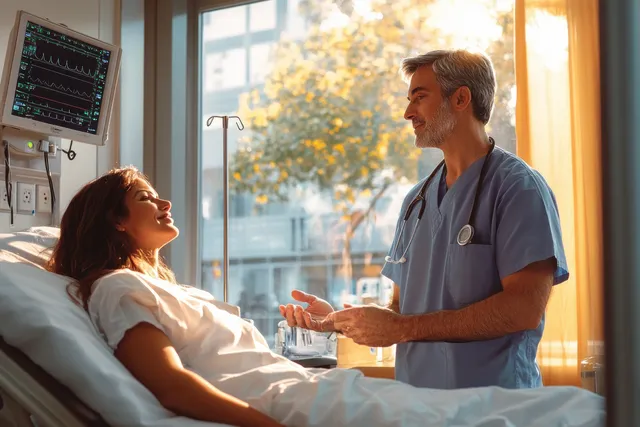 A doctor gently talks with an anxious patient on a hospital bed under warm sunlight.