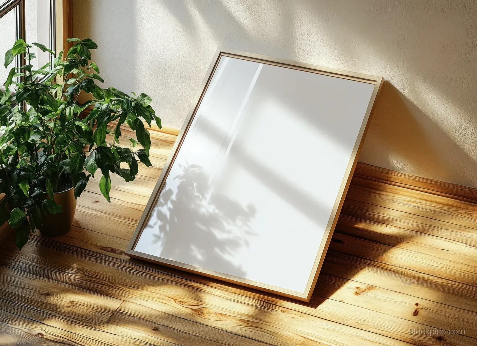 A blank tilted photo frame rests on a wooden floor with a green plant in a sunlit Scandinavian interior.