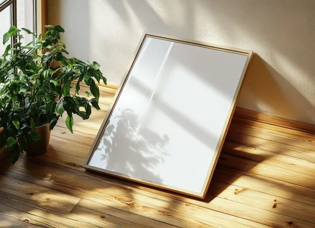 A blank tilted photo frame rests on a wooden floor with a green plant in a sunlit Scandinavian interior.