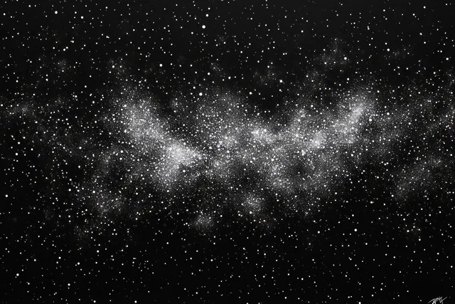 A dark night sky filled with clustered stars forming a glowing, cloudy cosmic pattern.