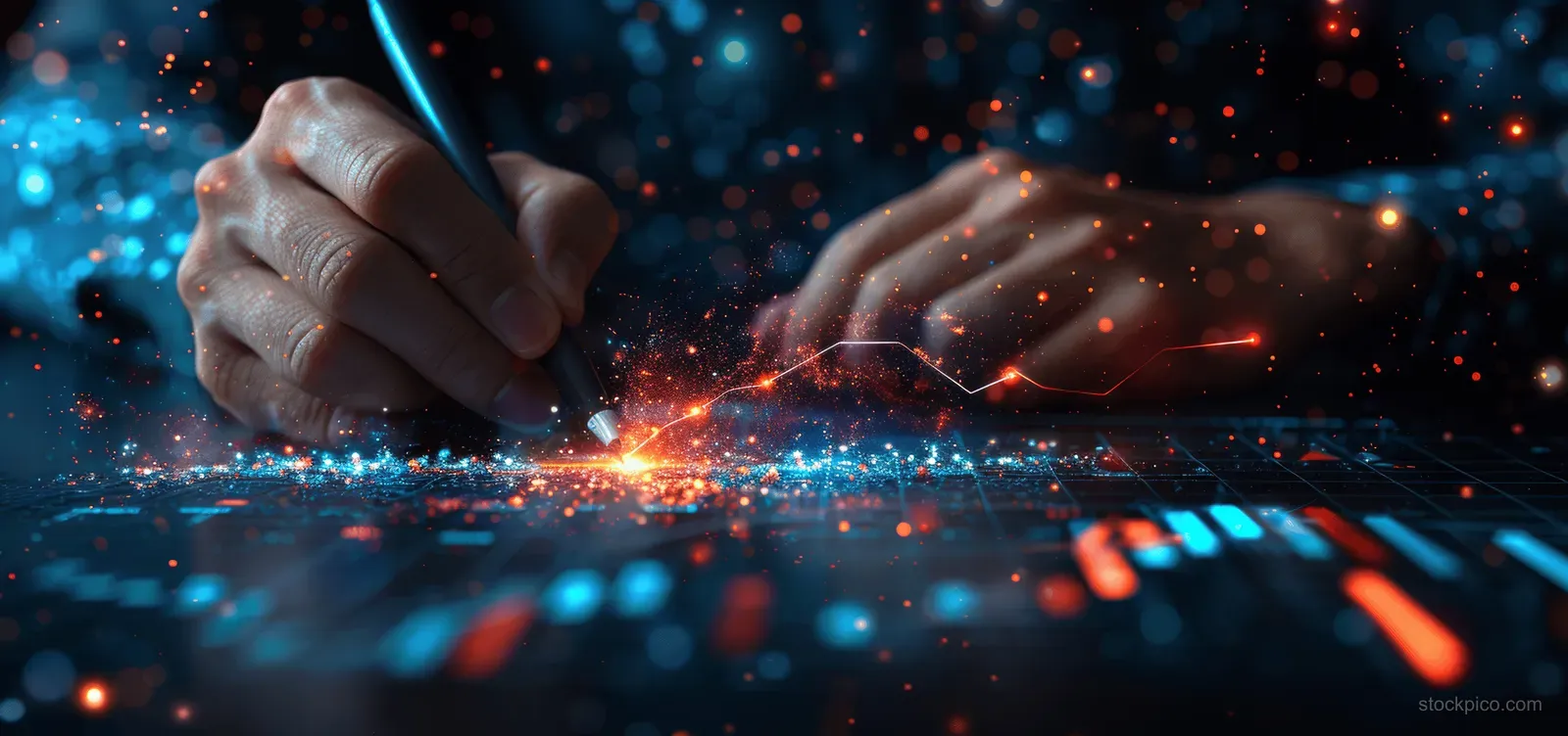 A hand sketches a business strategy chart on a tablet with glowing futuristic data points and lines behind it.