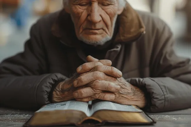 Elderly man praying with folded hands beside open Bible at home, peaceful close-up