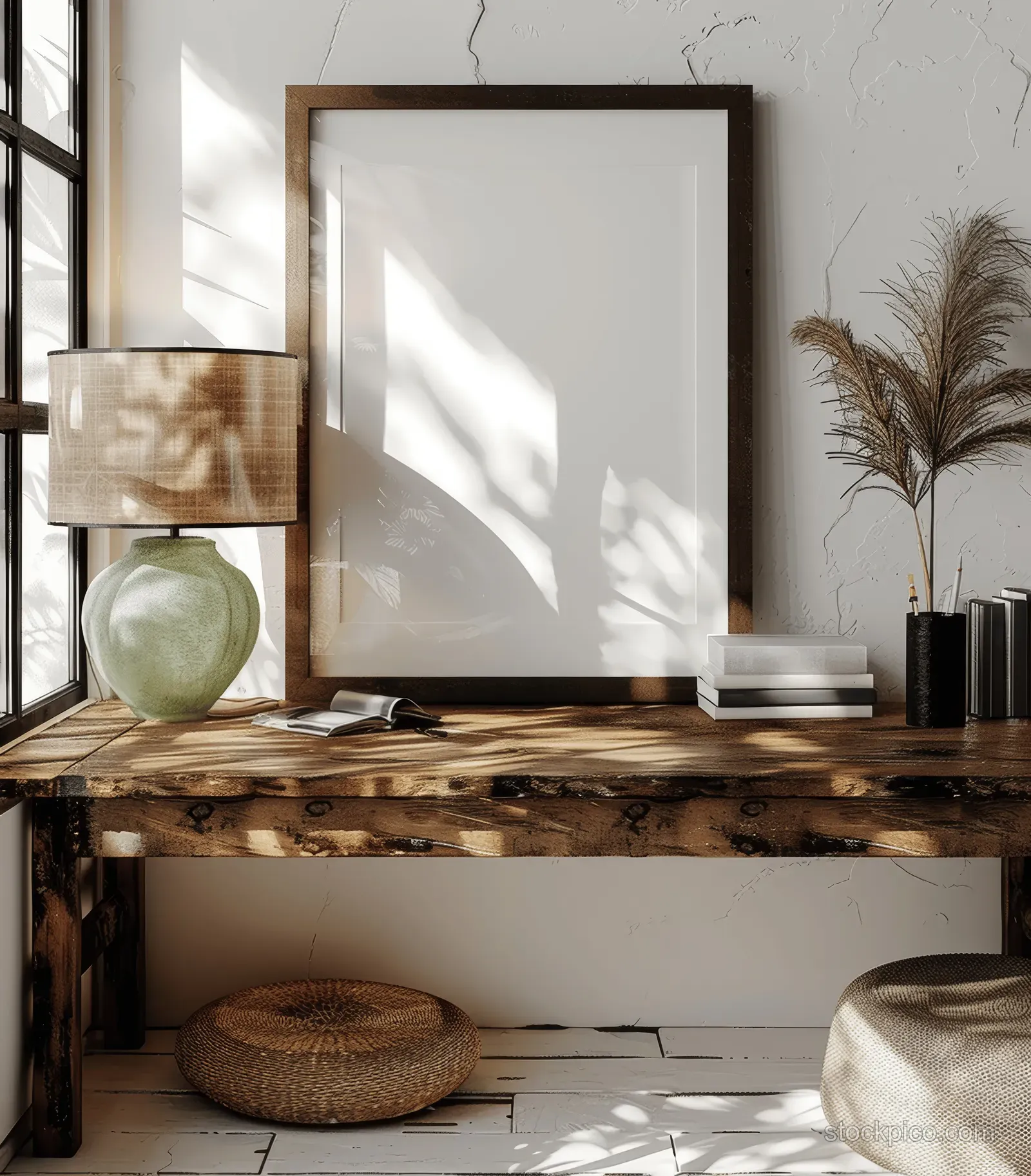 Rustic desk in a sunlit living room with a glowing lamp and an empty poster frame against the wall.