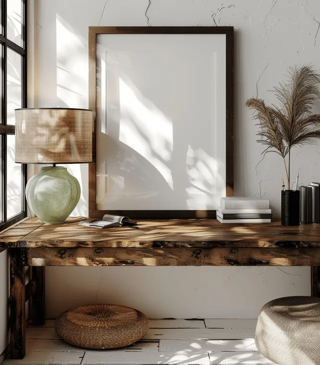 Rustic desk in a sunlit living room with a glowing lamp and an empty poster frame against the wall.