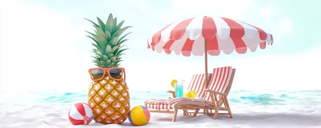 A sunglasses-wearing pineapple relaxes on a sandy beach with a striped umbrella, beach balls, lounge chairs, and a blue drink.