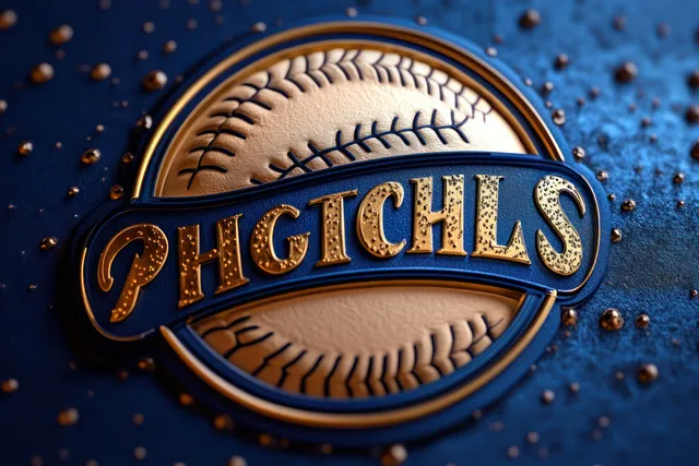 A stitched baseball emblem with golden lettering on a textured blue background with small speckles.