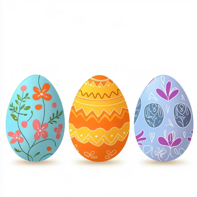 Three patterned Easter eggs with floral and geometric motifs in blue, orange, and purple on a white background.