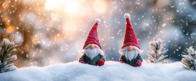 Two Christmas gnomes in red hats standing in snow with a glowing winter background.