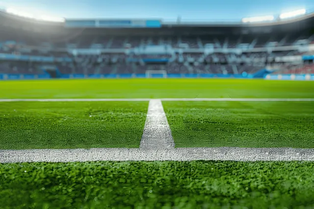 Empty soccer stadium showing bright green grass pitch with crisp white field lines and blurred stands in the background.