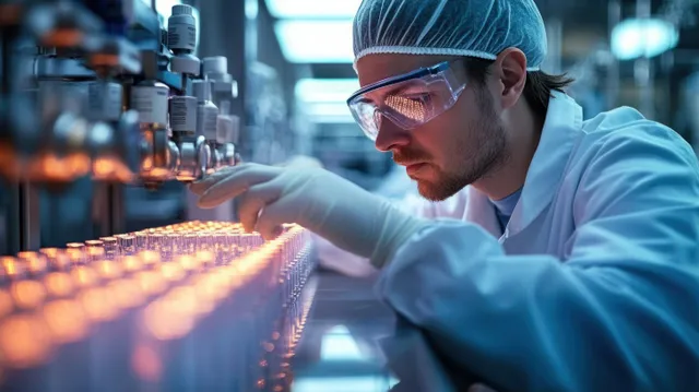 Protective-clad scientist inspects glass vials along an automated production line in a blue-lit laboratory.